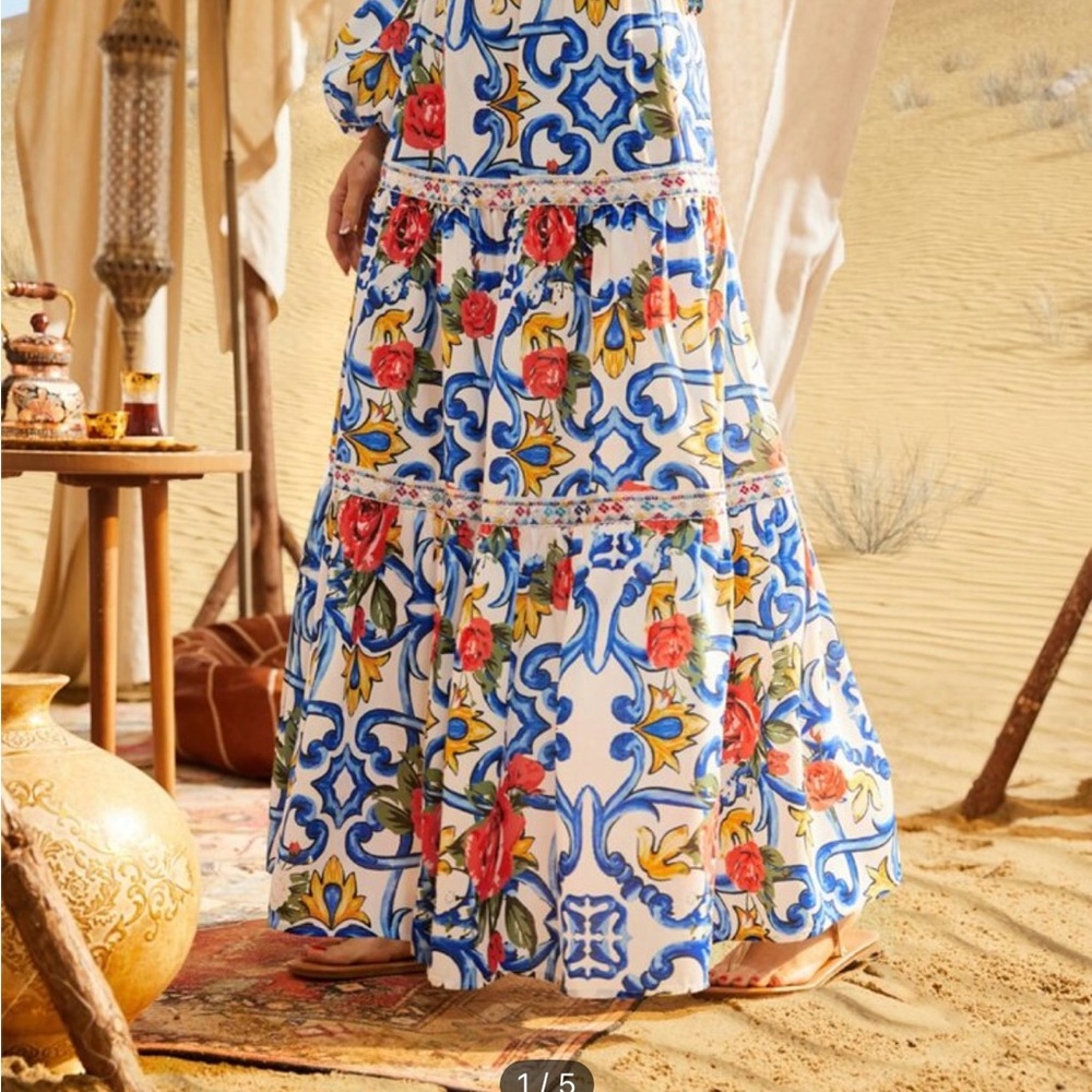 SHEIN Floral Blue and Red Maxi Skirt